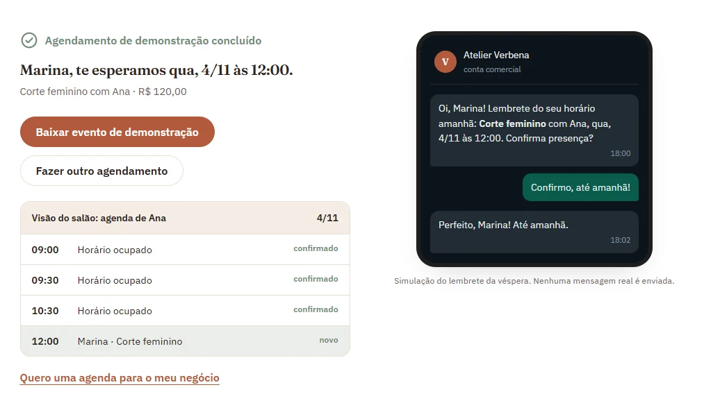 Tela real da demonstração: agendamento confirmado, agenda do salão e simulação do lembrete no WhatsApp